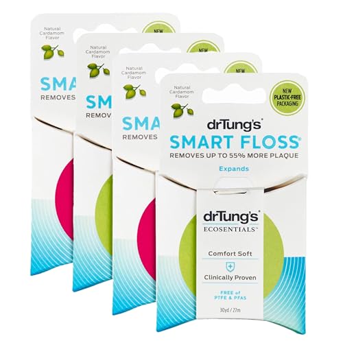 DrTungs Smart Floss Natural Dental Floss PTFE PFAS Free Gentle on Gums Expands Stretches BPA Free Cardamom Flavor Pack of 4